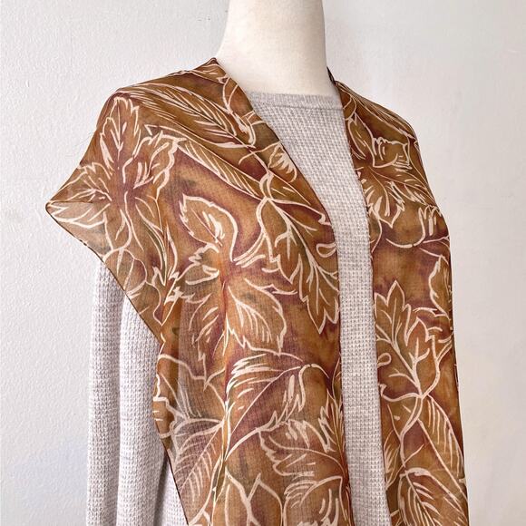 Vintage Semi Sheer Scarf Wrap Boho Fall Leaf Floral Earthy Brown Tan Green - Picture 4 of 6